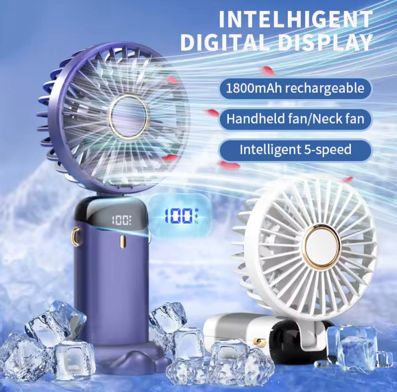 Portable Handheld Mini Fan – Foldable USB Rechargeable Neck Fan with LED Display & Phone Stand (1800mAh)