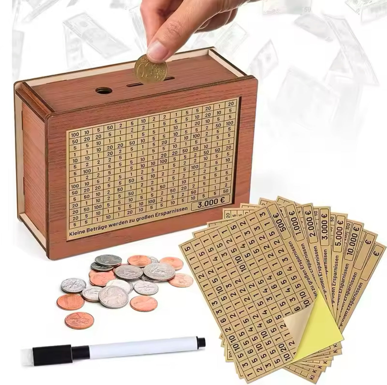 GoalMaster Euro Money Box – Wooden Piggy Bank with Saving Targets