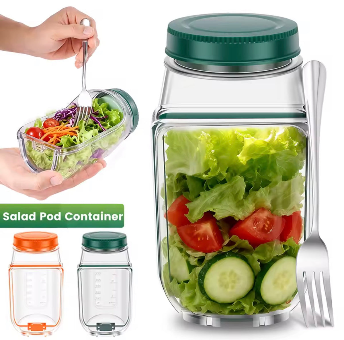 Salad Jar with Side-Opening Lid & Stainless Steel Fork – Reusable Plastic Vegetable & Fruit Storage Container