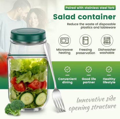 Salad Jar with Side-Opening Lid & Stainless Steel Fork – Reusable Plastic Vegetable & Fruit Storage Container
