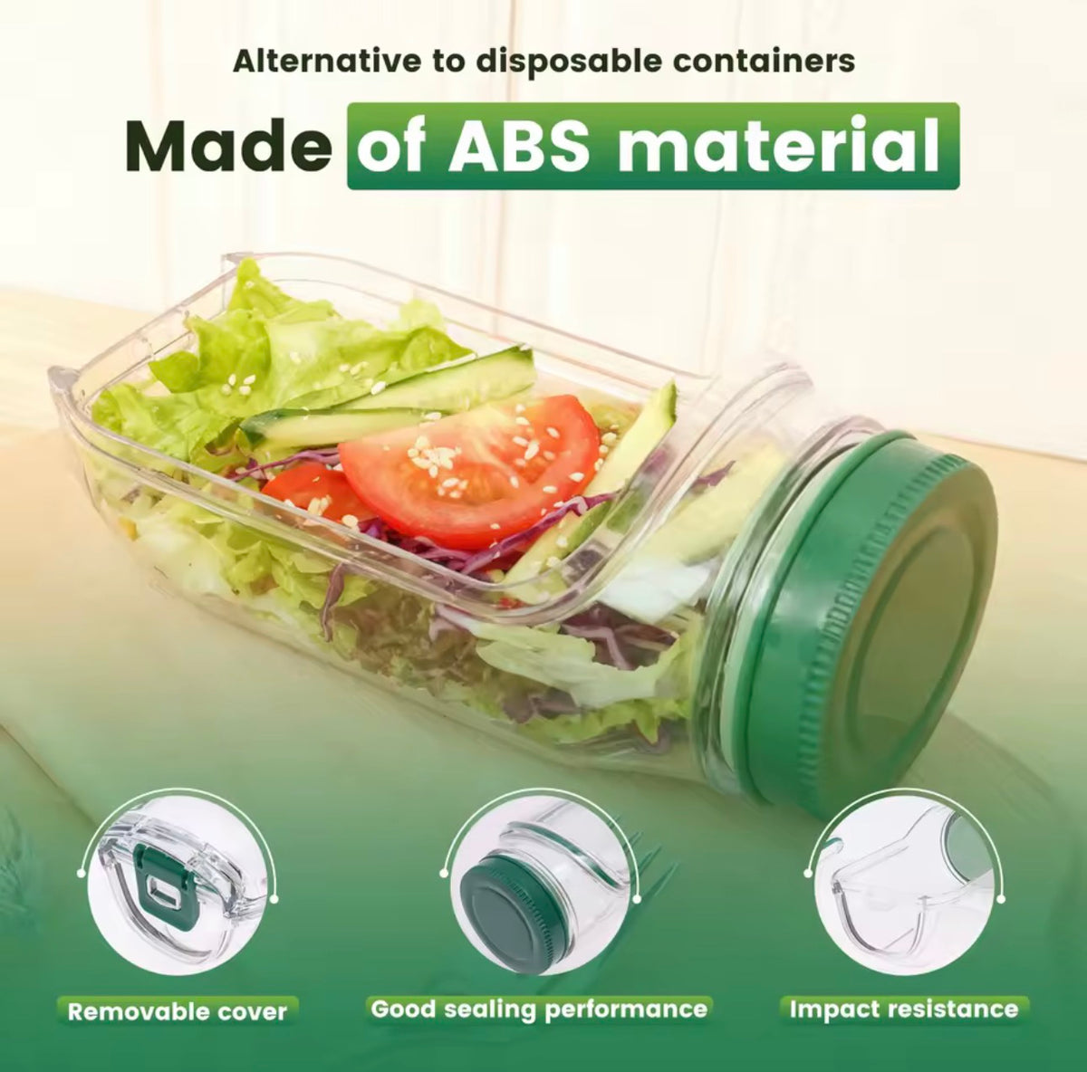 Salad Jar with Side-Opening Lid & Stainless Steel Fork – Reusable Plastic Vegetable & Fruit Storage Container