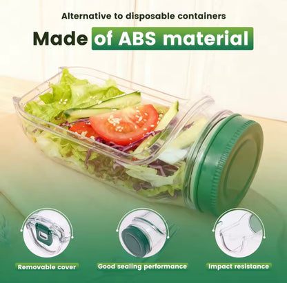 Salad Jar with Side-Opening Lid & Stainless Steel Fork – Reusable Plastic Vegetable & Fruit Storage Container