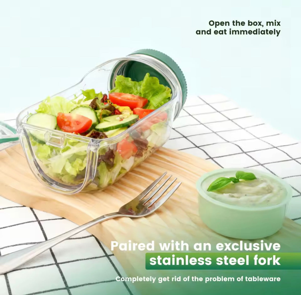 Salad Jar with Side-Opening Lid & Stainless Steel Fork – Reusable Plastic Vegetable & Fruit Storage Container