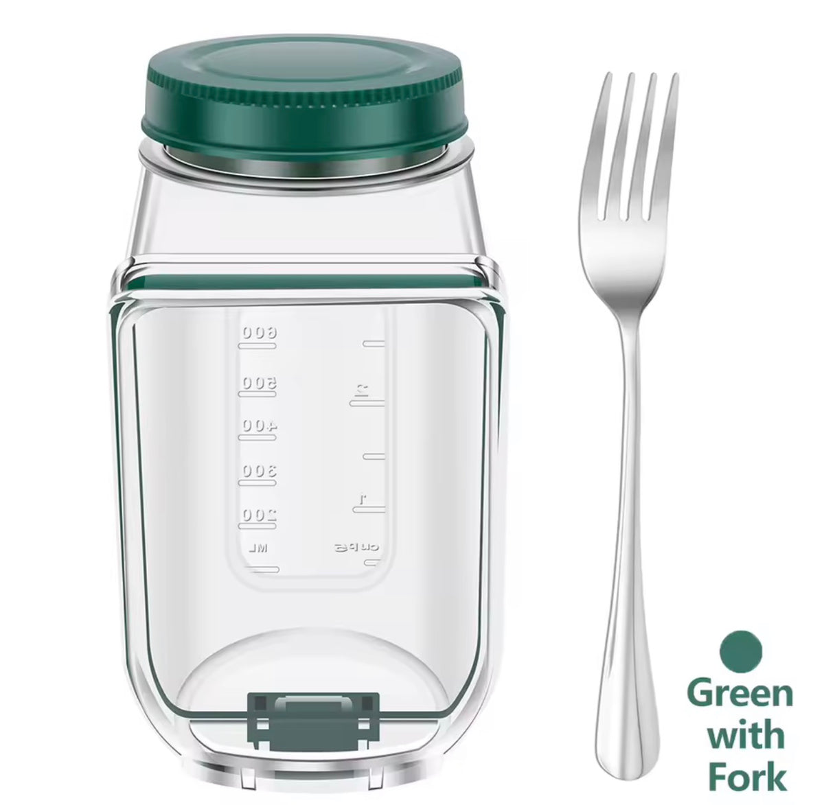 Salad Jar with Side-Opening Lid & Stainless Steel Fork – Reusable Plastic Vegetable & Fruit Storage Container