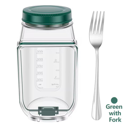 Salad Jar with Side-Opening Lid & Stainless Steel Fork – Reusable Plastic Vegetable & Fruit Storage Container