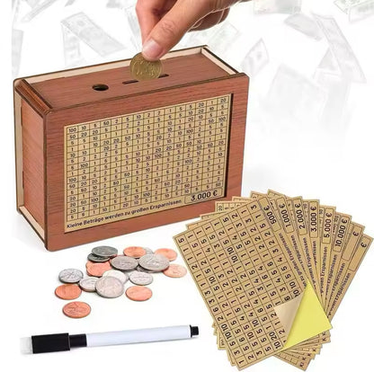 GoalMaster Euro Money Box – Wooden Piggy Bank with Saving Targets